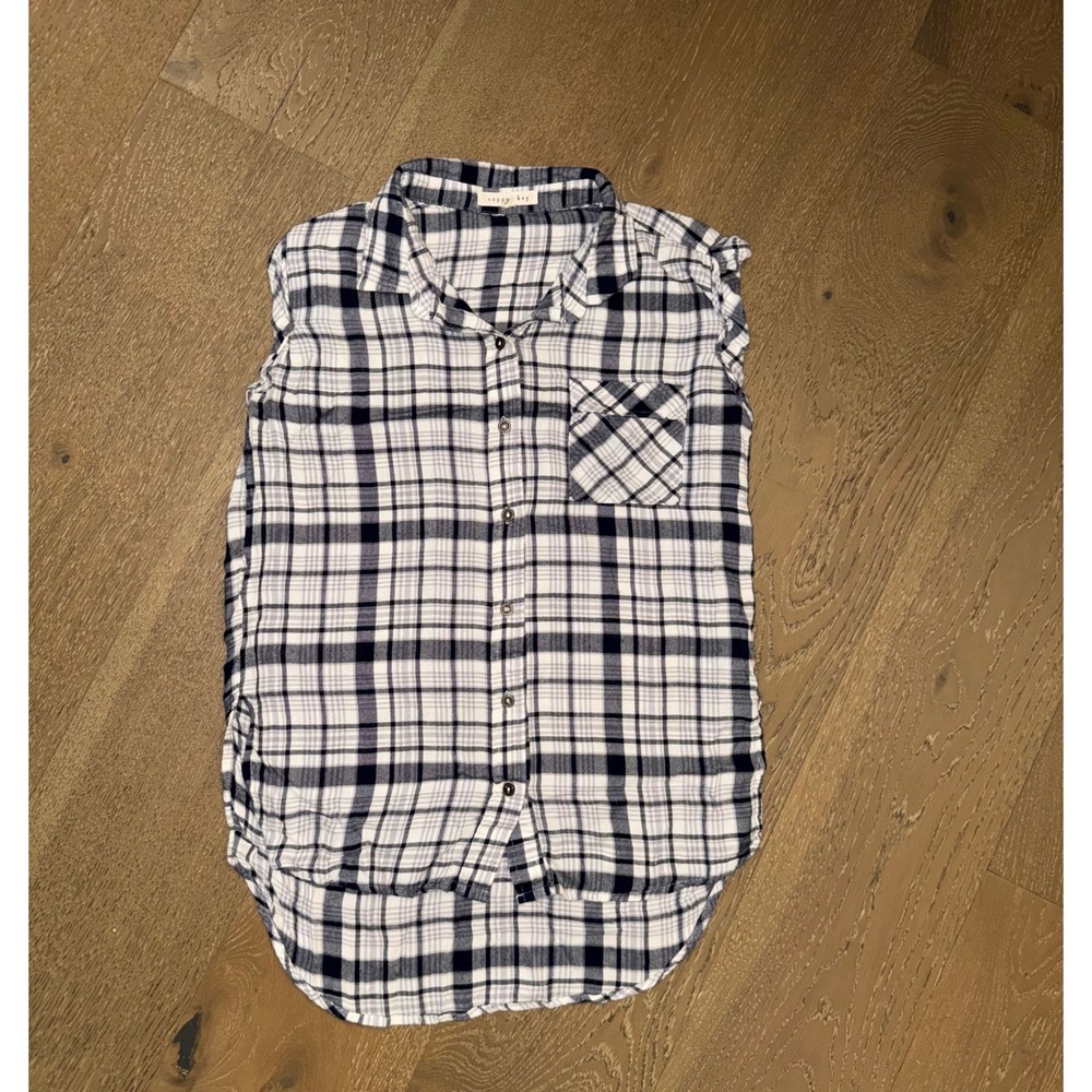 Copper Key Sleeveless‎ Plaid Button Down Shirt Navy White High Low Hem Small